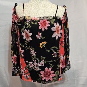 Guess Floral Off-Shoulder Blouse With Sheer 3/4 Slvs- Black and Pink